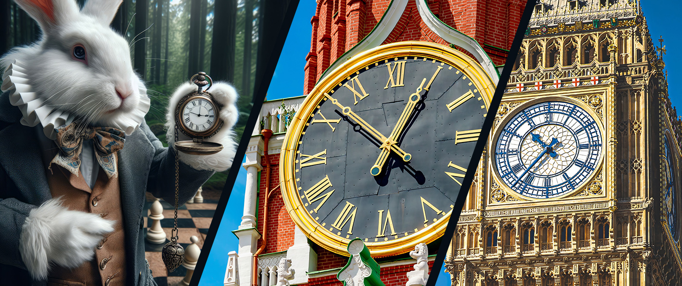 Alpha. Rabbit from Lewis Carroll's Alice in Wonderland. Moscow Chimes and London Big Ben.